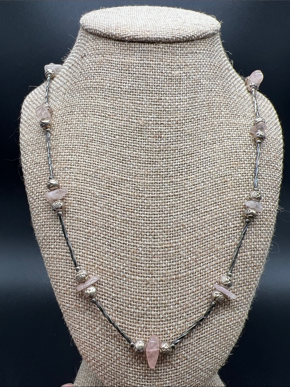 Vintage Rose Quartz Artisan Necklace Silver Rosette Beads Boho 26”